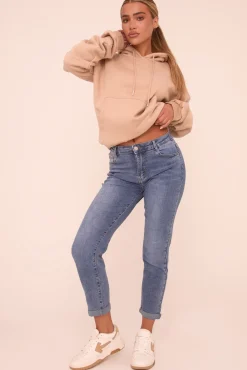 Rebellious Fashion Mid Blue Stretch High Waist Turn Up Hem Mom Jeans - Corra