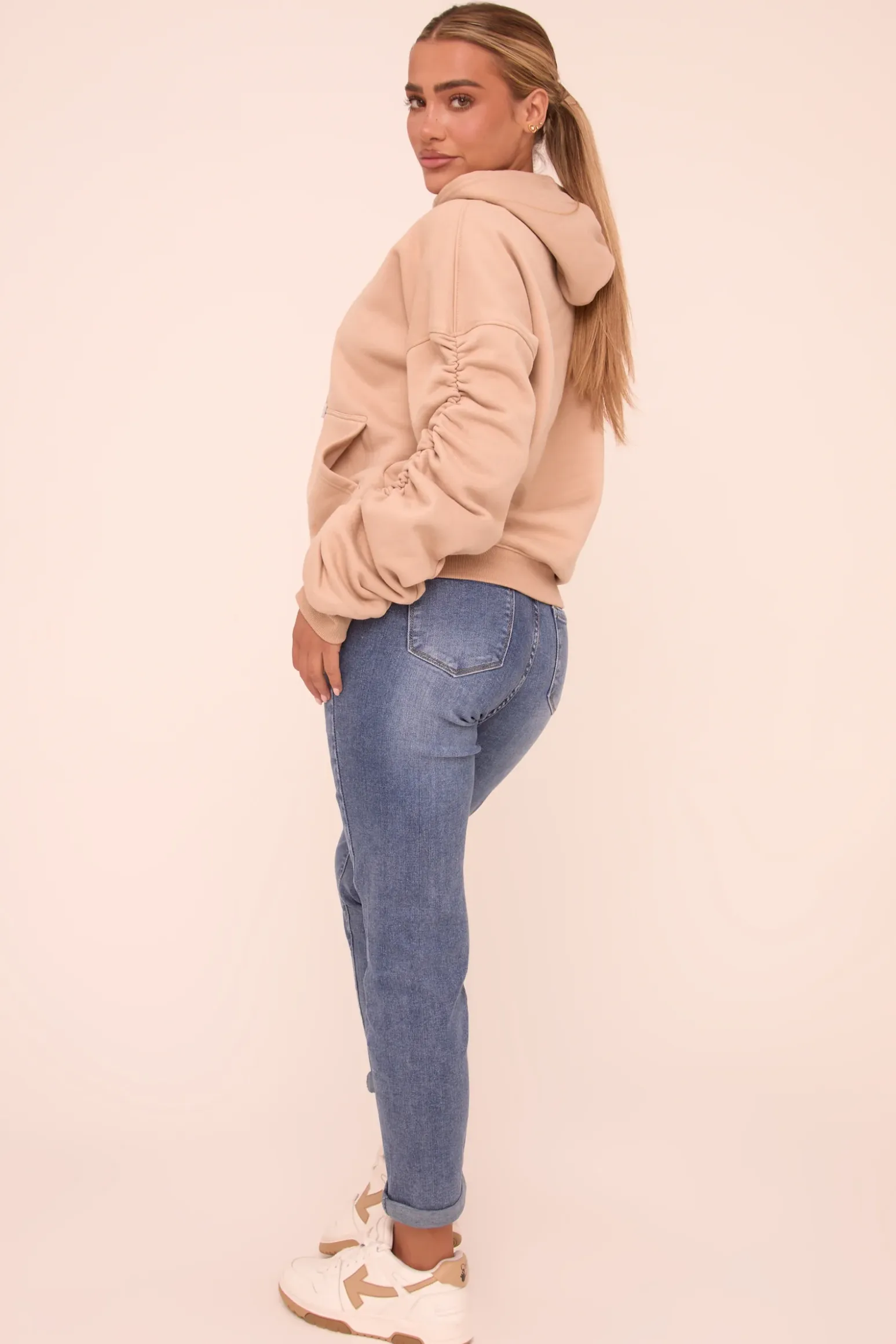 Rebellious Fashion Mid Blue Stretch High Waist Turn Up Hem Mom Jeans - Corra