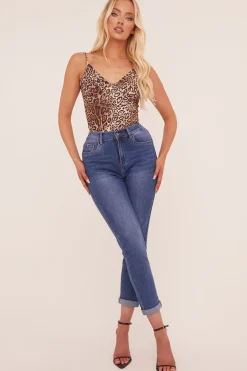 Rebellious Fashion Mid Blue Stretch High Waist Tun Up Hem Mom Jeans - Nirvana