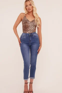 Rebellious Fashion Mid Blue Stretch High Waist Tun Up Hem Mom Jeans - Nirvana