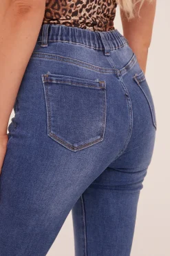 Rebellious Fashion Mid Blue Stretch High Waist Tun Up Hem Mom Jeans - Nirvana