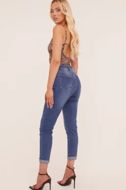 Rebellious Fashion Mid Blue Stretch High Waist Tun Up Hem Mom Jeans - Nirvana