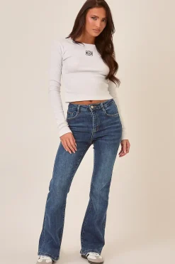 Rebellious Fashion Mid Blue Stretch Kick Flare Denim Jeans - Aspen
