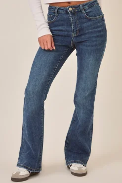 Rebellious Fashion Mid Blue Stretch Kick Flare Denim Jeans - Aspen