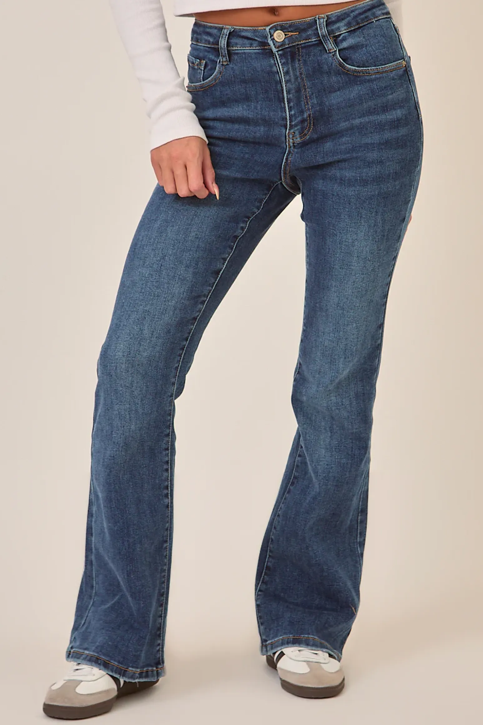 Rebellious Fashion Mid Blue Stretch Kick Flare Denim Jeans - Aspen