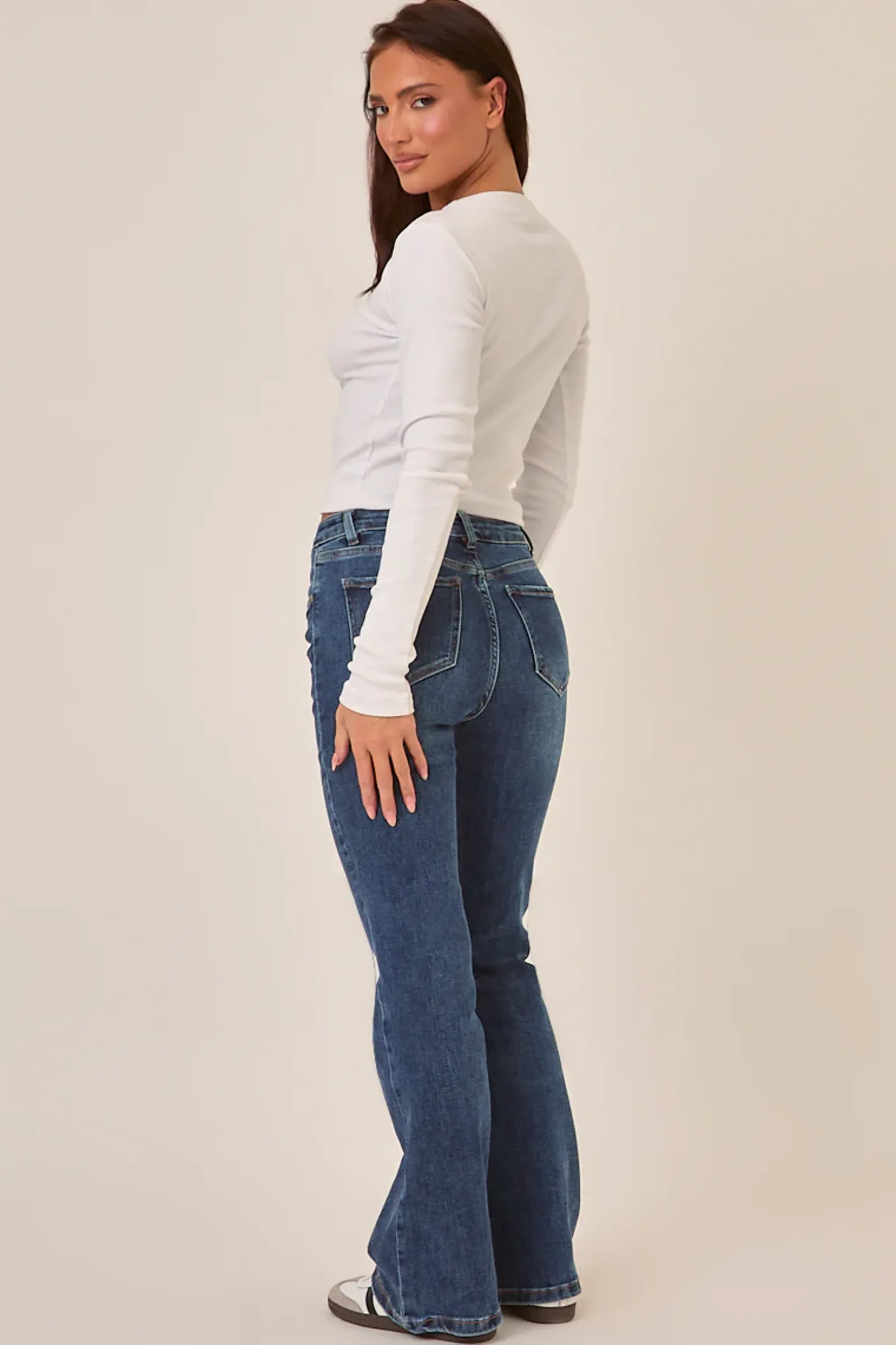 Rebellious Fashion Mid Blue Stretch Kick Flare Denim Jeans - Aspen