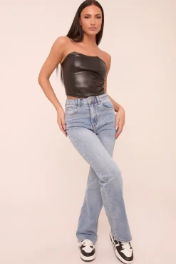 Rebellious Fashion Mid Blue Stretch Mid Waist Straight Leg Denim Jeans - Phoenix