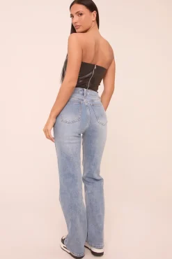 Rebellious Fashion Mid Blue Stretch Mid Waist Straight Leg Denim Jeans - Phoenix