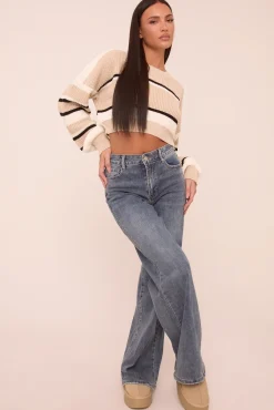 Rebellious Fashion Mid Blue Stretch Mid Waist Wide Leg Denim Jeans - Noah