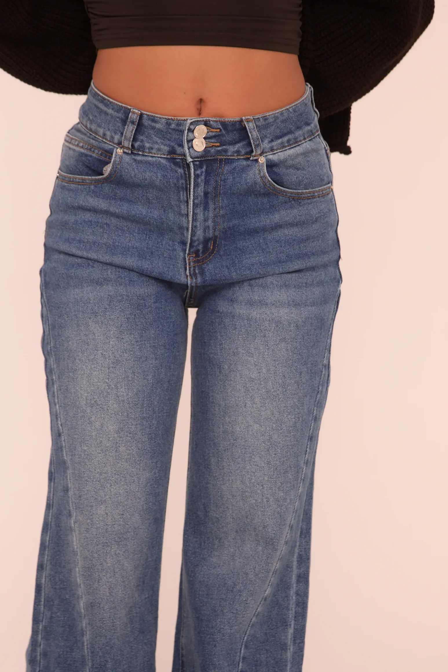 Rebellious Fashion Mid Blue Stretch Seam Detail Wide Leg Denim Jeans - Lyra
