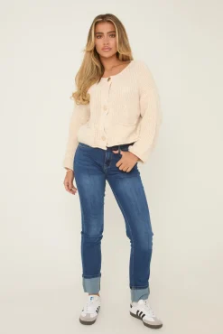 Rebellious Fashion Mid Blue Stretch Turn Up Hem Straight Leg Jeans - Roy