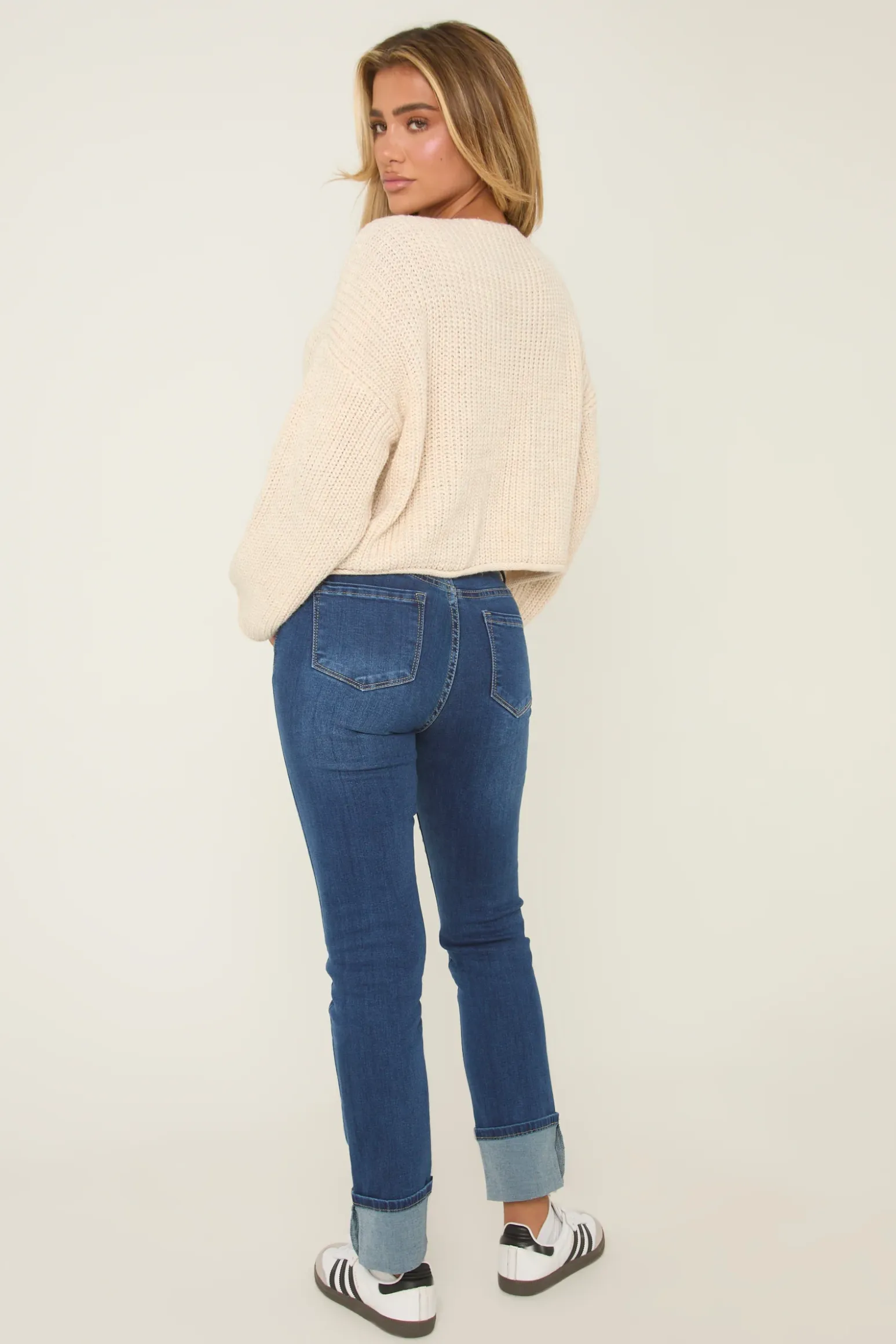 Rebellious Fashion Mid Blue Stretch Turn Up Hem Straight Leg Jeans - Roy