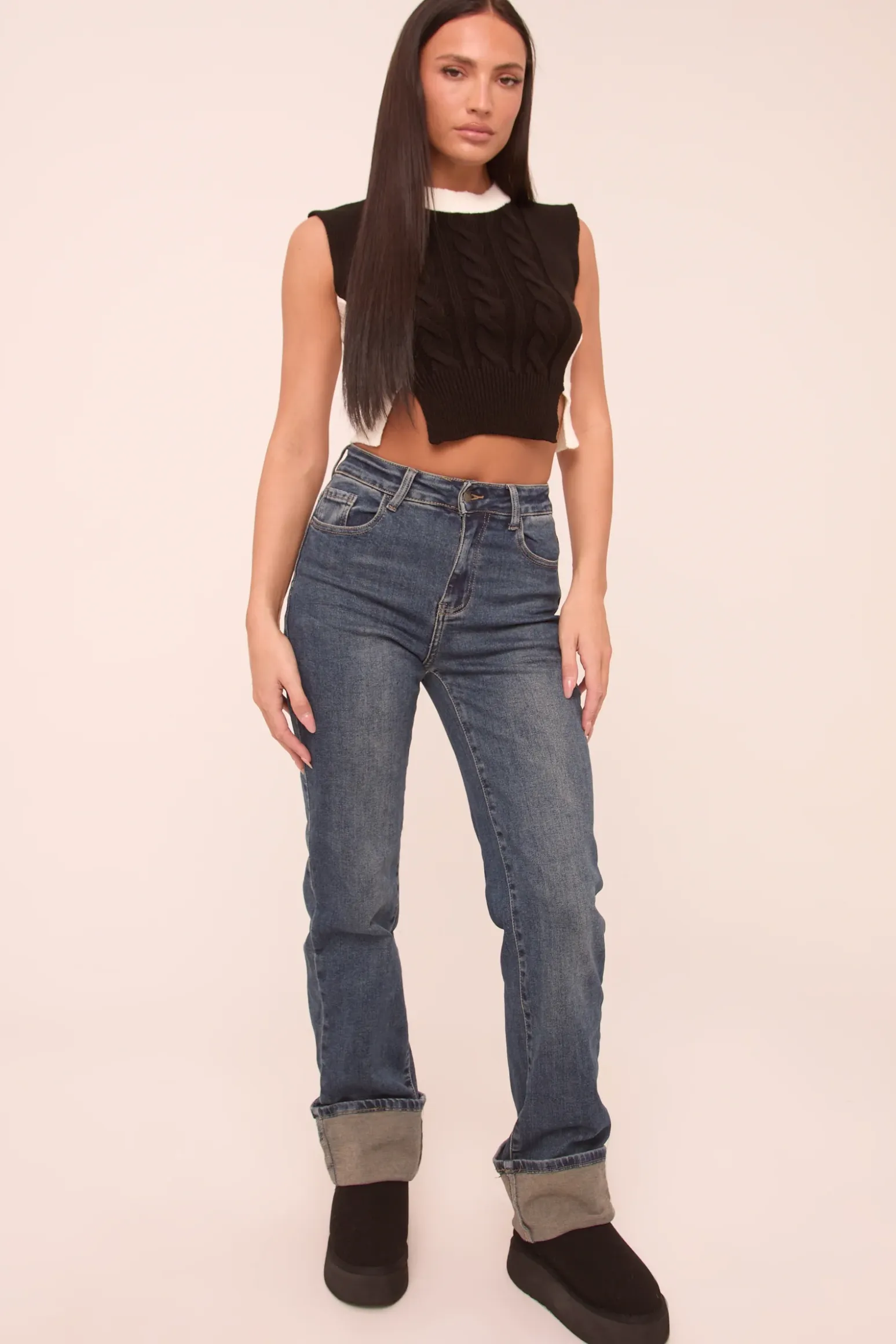 Rebellious Fashion Mid Blue Stretch Turn up Hem Straight Leg Jeans - Moxie
