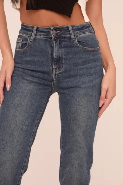 Rebellious Fashion Mid Blue Stretch Turn up Hem Straight Leg Jeans - Moxie