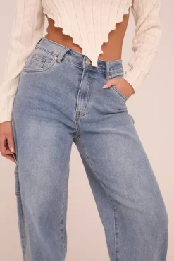 Rebellious Fashion Mid Blue Stretch Wide Balloon Leg Jeans - Addison