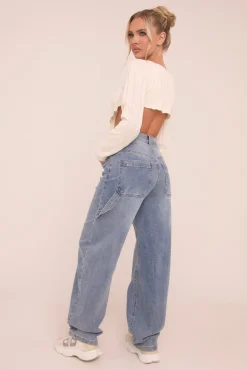 Rebellious Fashion Mid Blue Stretch Wide Balloon Leg Jeans - Addison