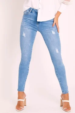 Rebellious Fashion Mid Blue Super Stretchy High Waist Jeans - Elcie