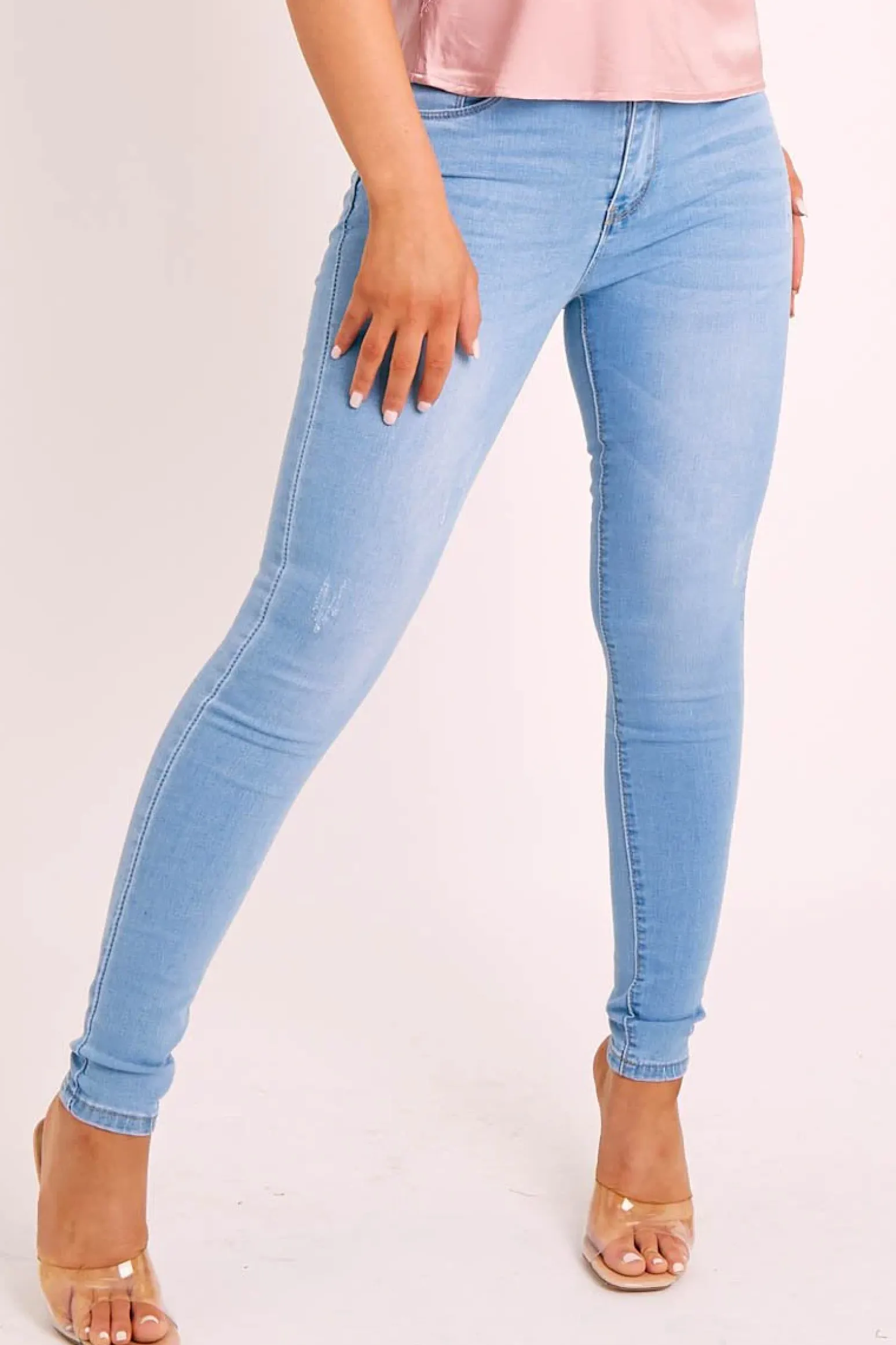 Rebellious Fashion Mid Blue Washed Skinny High Waist Denim Jeans - Jailey