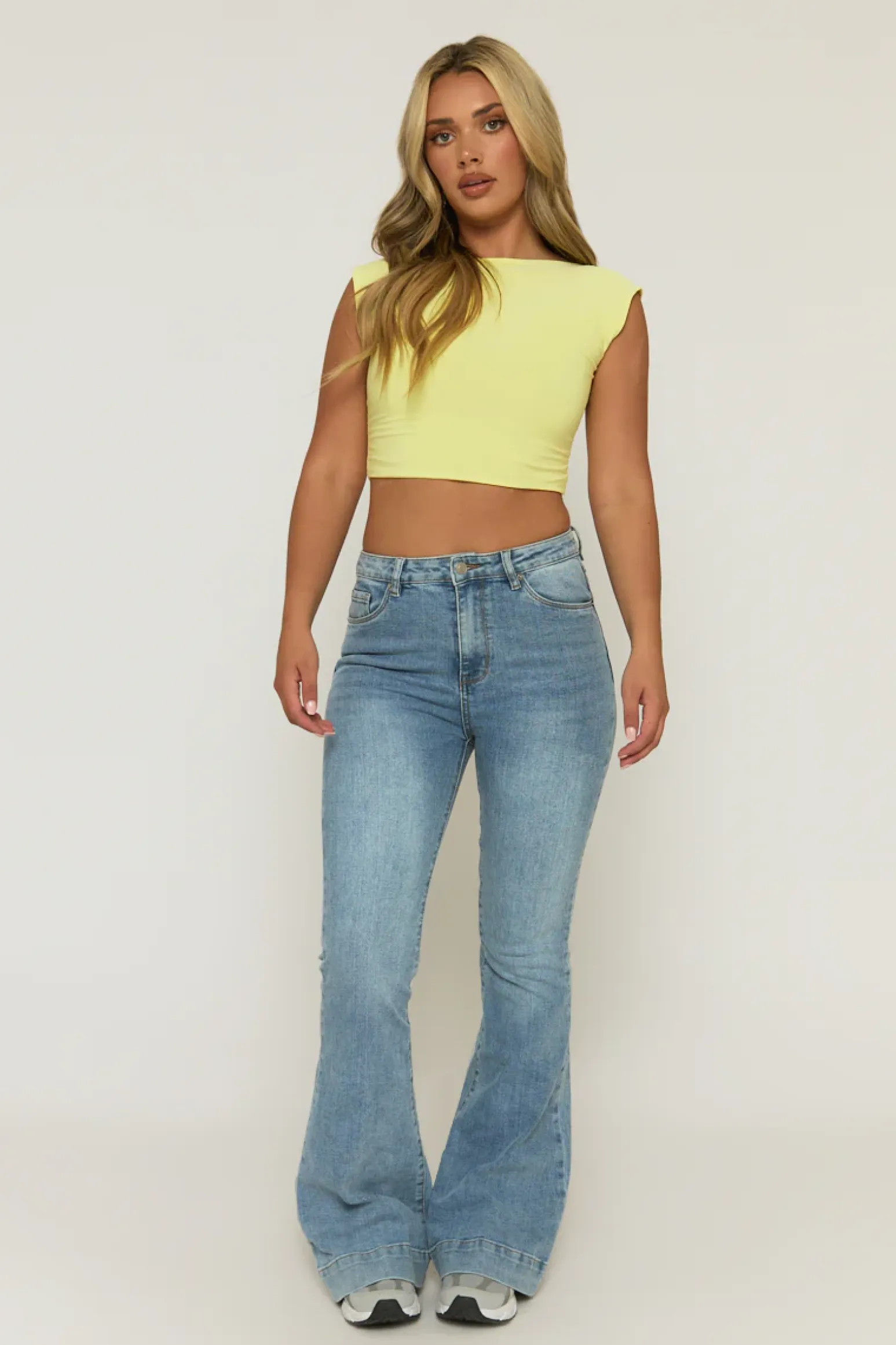 Rebellious Fashion Mid Blue Washed Stretch Flared Leg Jeans - Briani