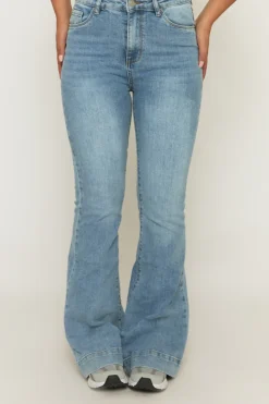 Rebellious Fashion Mid Blue Washed Stretch Flared Leg Jeans - Briani