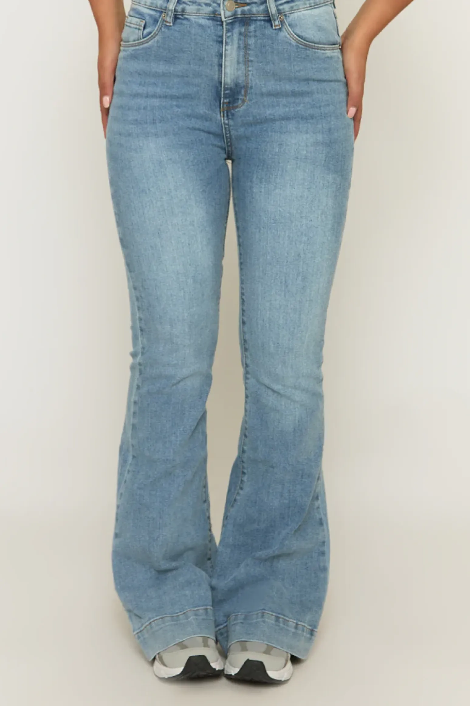 Rebellious Fashion Mid Blue Washed Stretch Flared Leg Jeans - Briani