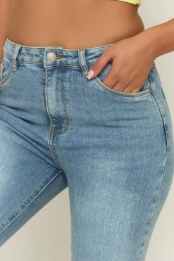 Rebellious Fashion Mid Blue Washed Stretch Flared Leg Jeans - Briani