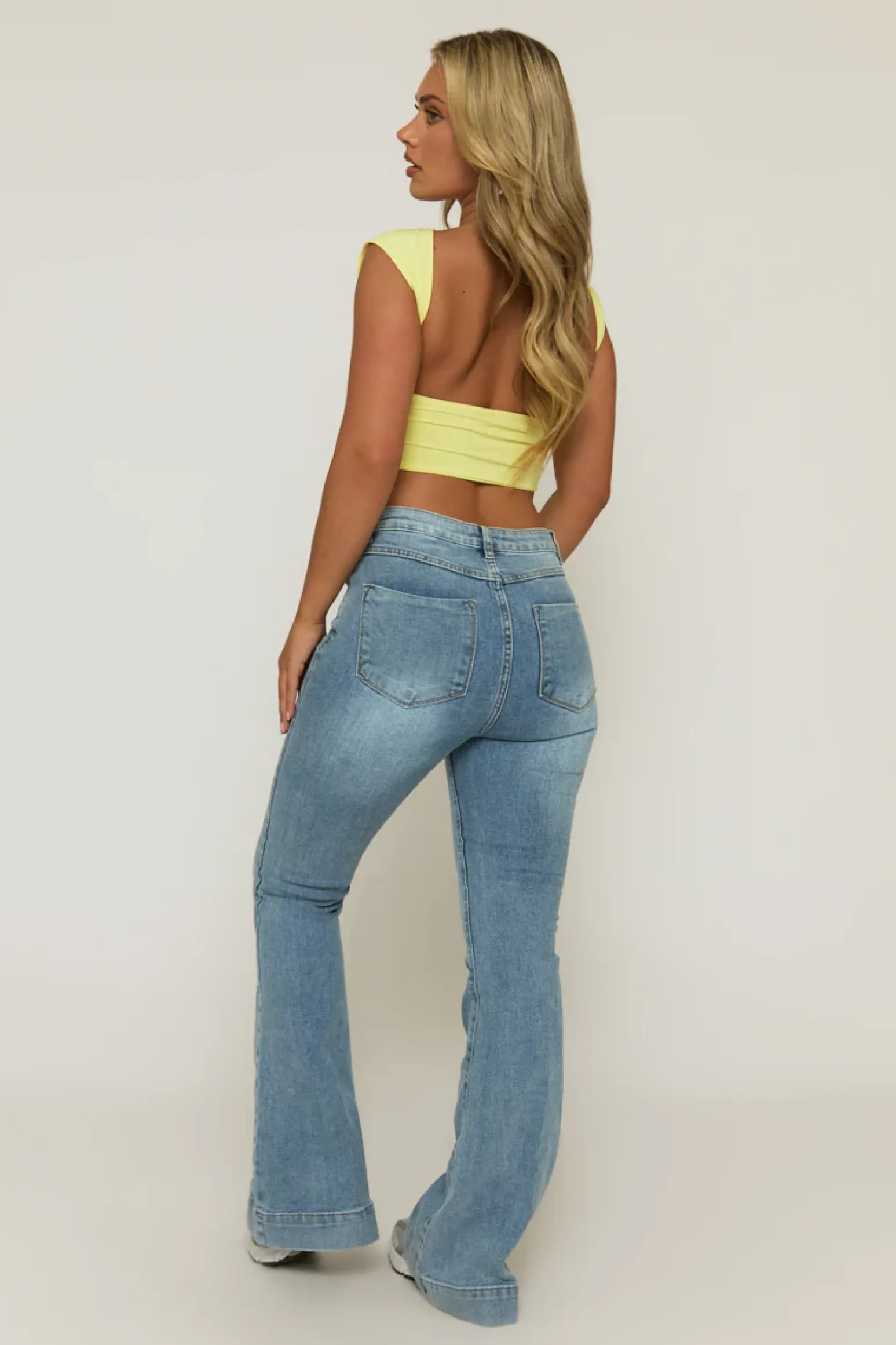 Rebellious Fashion Mid Blue Washed Stretch Flared Leg Jeans - Briani