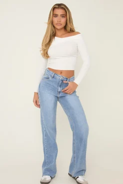 Rebellious Fashion Mid Blue Washed Stretch Mid Waist Straight Leg Frayed Hem Denim Jeans - Venus
