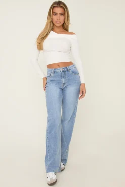 Rebellious Fashion Mid Blue Washed Stretch Mid Waist Straight Leg Frayed Hem Denim Jeans - Venus
