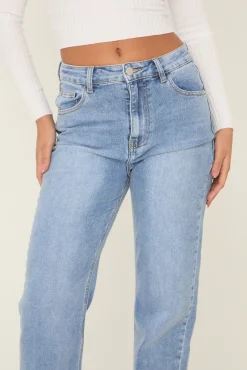 Rebellious Fashion Mid Blue Washed Stretch Mid Waist Straight Leg Frayed Hem Denim Jeans - Venus