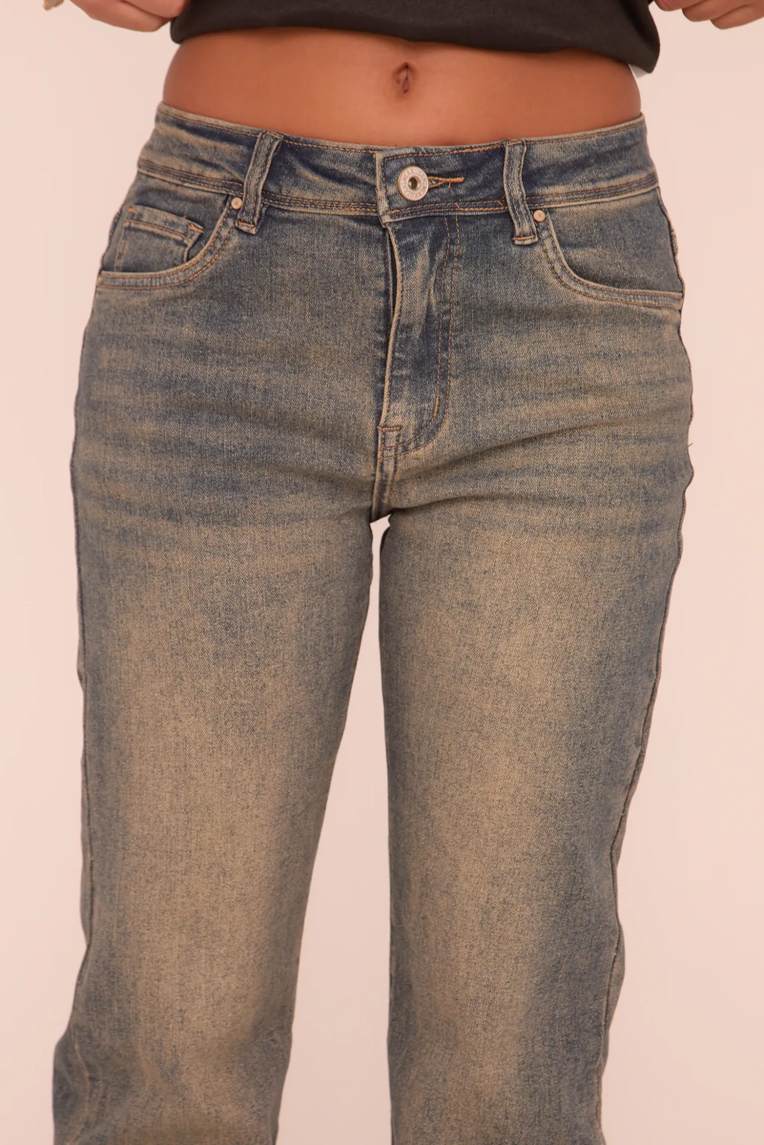 Rebellious Fashion Mid Blue Washed Stretch Mid Waist Straight Leg Denim Jeans - Maddison