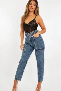 Rebellious Fashion Mid Blue Wash Utility Mom Jeans - Lillis