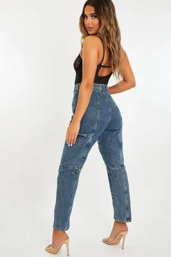 Rebellious Fashion Mid Blue Wash Utility Mom Jeans - Lillis