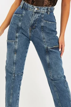 Rebellious Fashion Mid Blue Wash Utility Mom Jeans - Lillis
