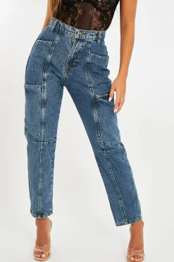 Rebellious Fashion Mid Blue Wash Utility Mom Jeans - Lillis