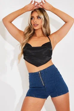 Rebellious Fashion Mid Blue Zip Front Denim Hot Pant Shorts - Rhea