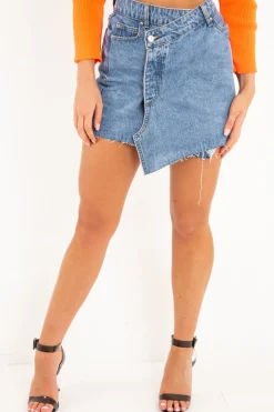 Rebellious Fashion Mid Wash Asymmetric Wrap Denim Skirt - Laryn