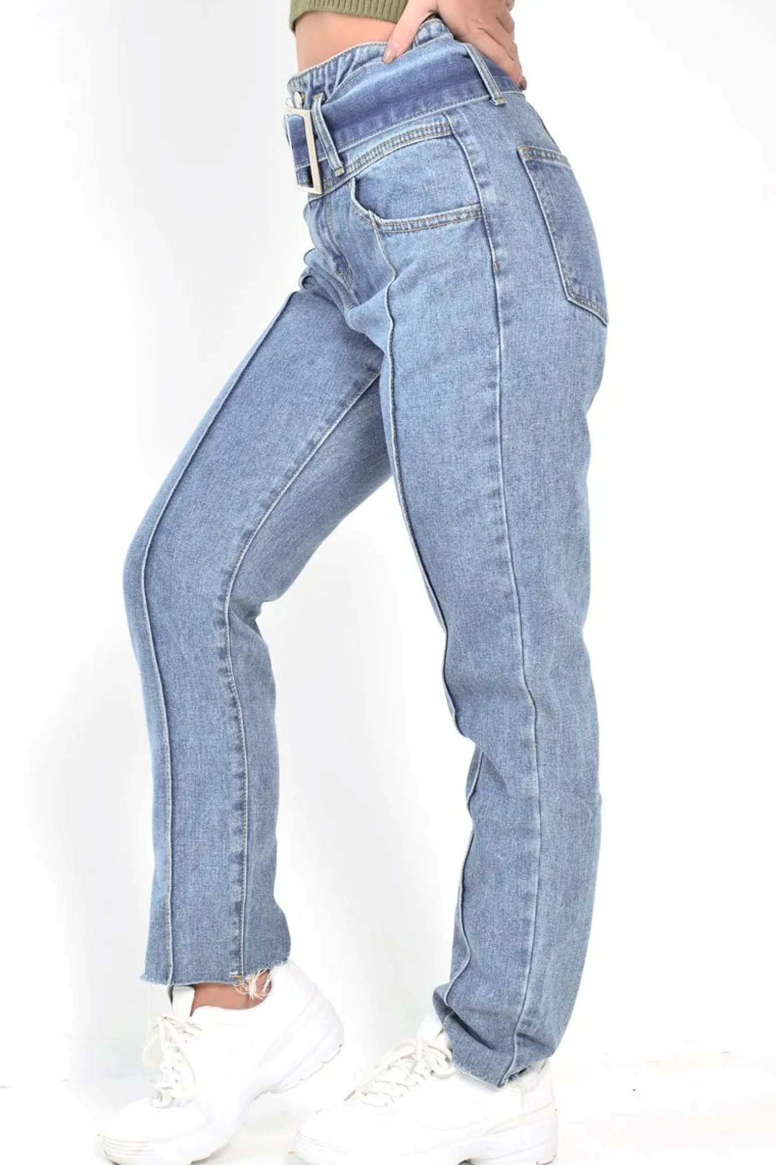 Rebellious Fashion Mid Wash Belted Straight Leg Jeans - Crosley
