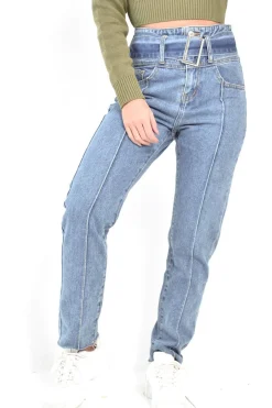 Rebellious Fashion Mid Wash Belted Straight Leg Jeans - Crosley