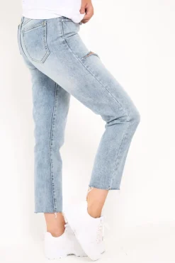 Rebellious Fashion Mid Wash Blue Ripped Leg Straight Leg Jeans - Iviana