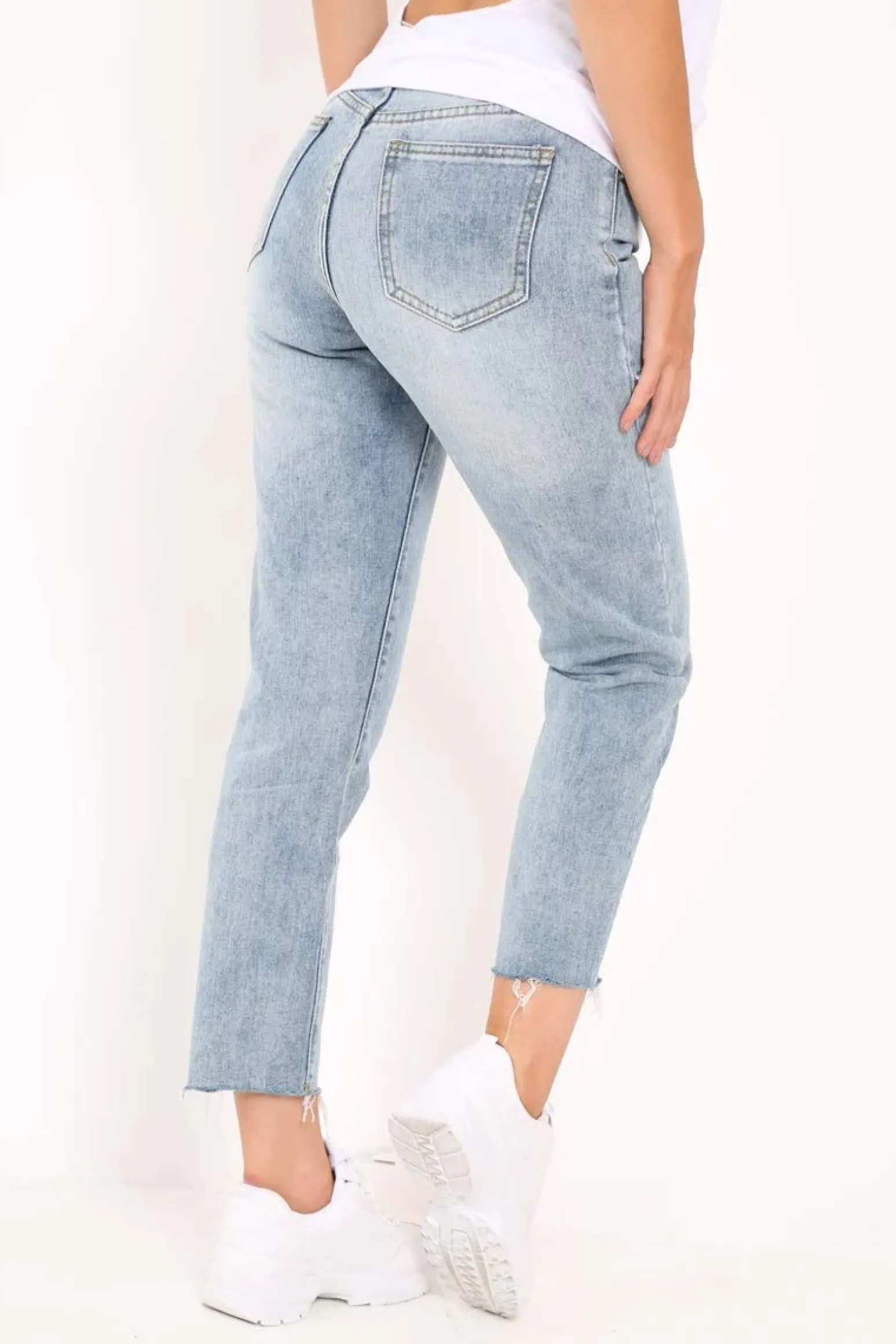 Rebellious Fashion Mid Wash Blue Ripped Leg Straight Leg Jeans - Iviana