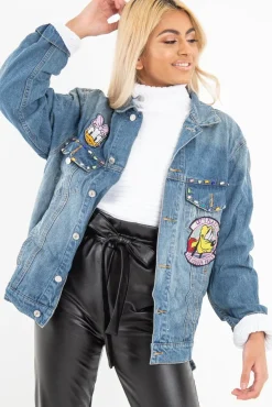 Rebellious Fashion Mid Wash Cartoon Embroidered Denim Jacket - Liona