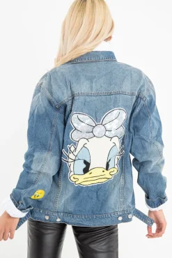 Rebellious Fashion Mid Wash Cartoon Embroidered Denim Jacket - Liona