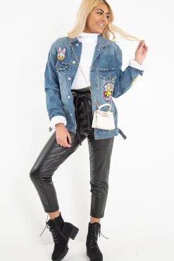 Rebellious Fashion Mid Wash Cartoon Embroidered Denim Jacket - Liona
