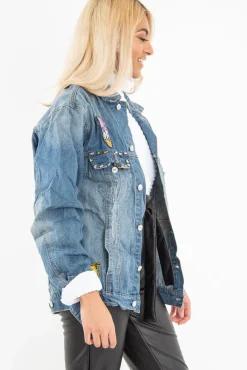 Rebellious Fashion Mid Wash Cartoon Embroidered Denim Jacket - Liona