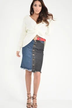 Rebellious Fashion Mid Wash Charcoal Colour Block Frayed Skirt - Lidia