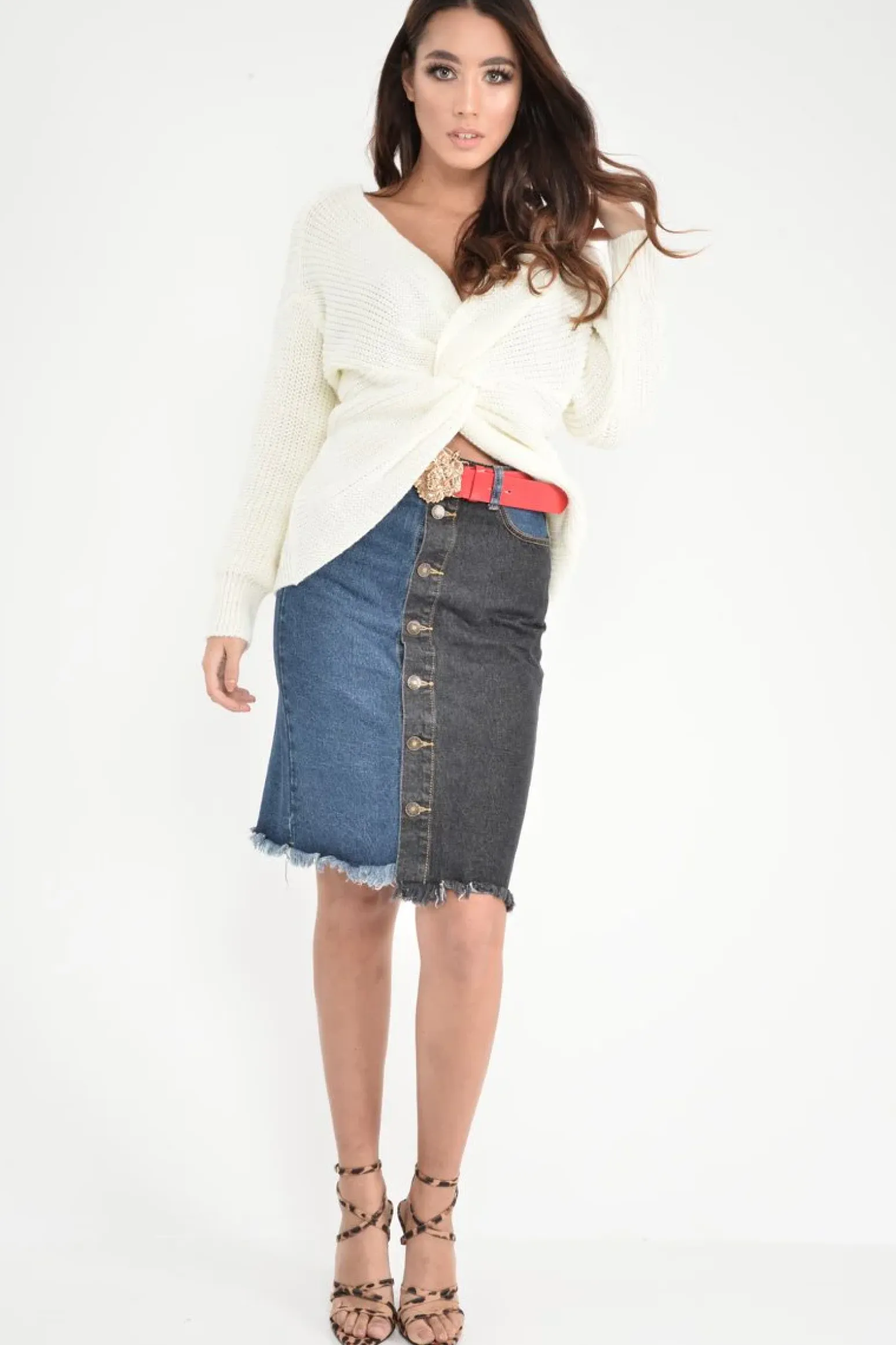 Rebellious Fashion Mid Wash Charcoal Colour Block Frayed Skirt - Lidia