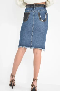 Rebellious Fashion Mid Wash Charcoal Colour Block Frayed Skirt - Lidia