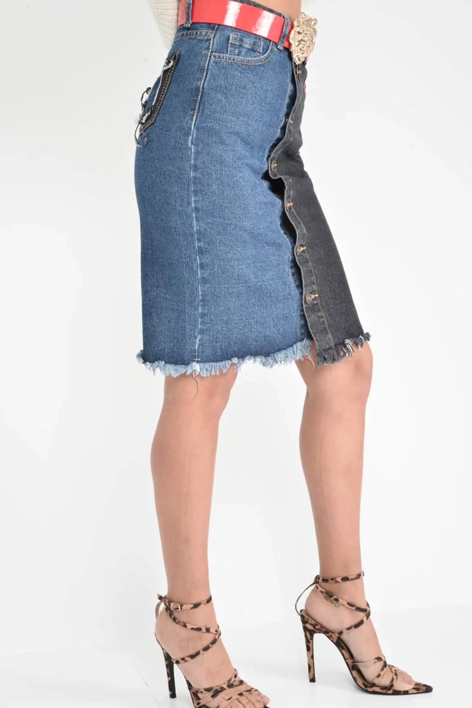 Rebellious Fashion Mid Wash Charcoal Colour Block Frayed Skirt - Lidia