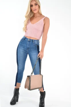 Rebellious Fashion Mid Wash Colour Block Step Hem Jeans - Lianni